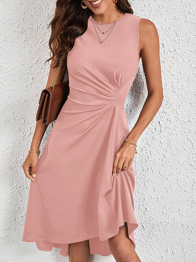 A-Line High Waisted Asymmetric Pleated Solid Color Split-Joint Round-Neck Midi Dresses