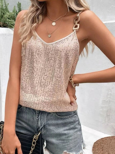 Loose Sleeveless Sequined Split-Joint Spaghetti-Neck Vest Top
