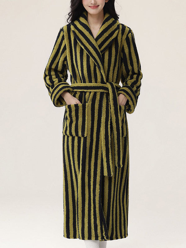 Long Sleeves Loose Split-Joint Striped Tied Waist Lapel Robes