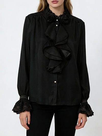 Long Sleeves Ruffle Sleeves Buttoned Pleated Ruffled Solid Color Split-Joint Stand Collar Blouses&Shirts Tops