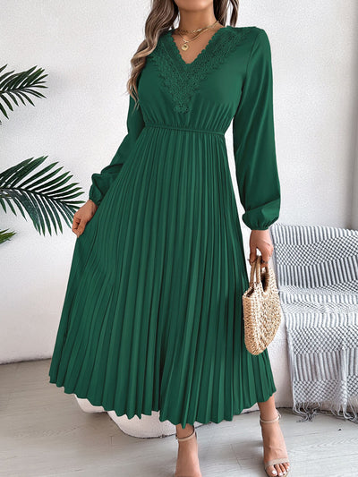 Elasticated Waist High Waisted Pleated Solid Color V-Neck Midi Dresses