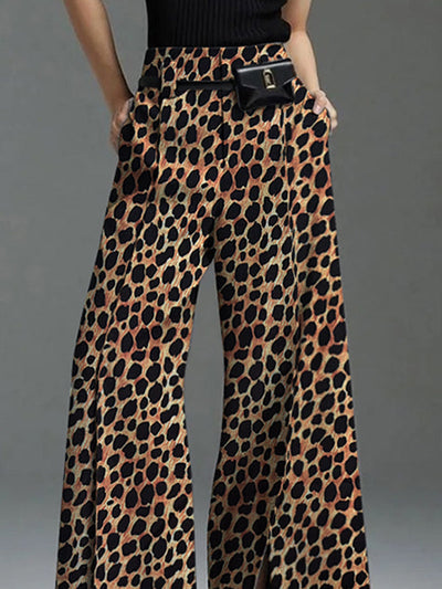 Loose Wide Leg Leopard Split-Front Casual Pants Bottoms Trousers