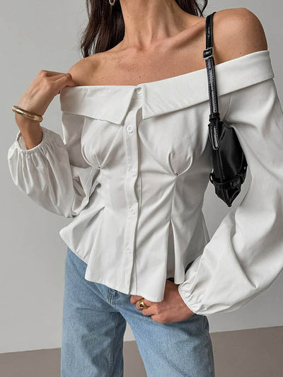 Long Sleeves Loose Buttoned Elasticity Pockets Solid Color Off-The-Shoulder Blouses&Shirts Tops