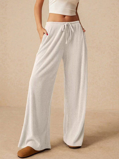 Elasticated Waist High Waisted Drawstring Solid Color Split-Joint Pants Trousers