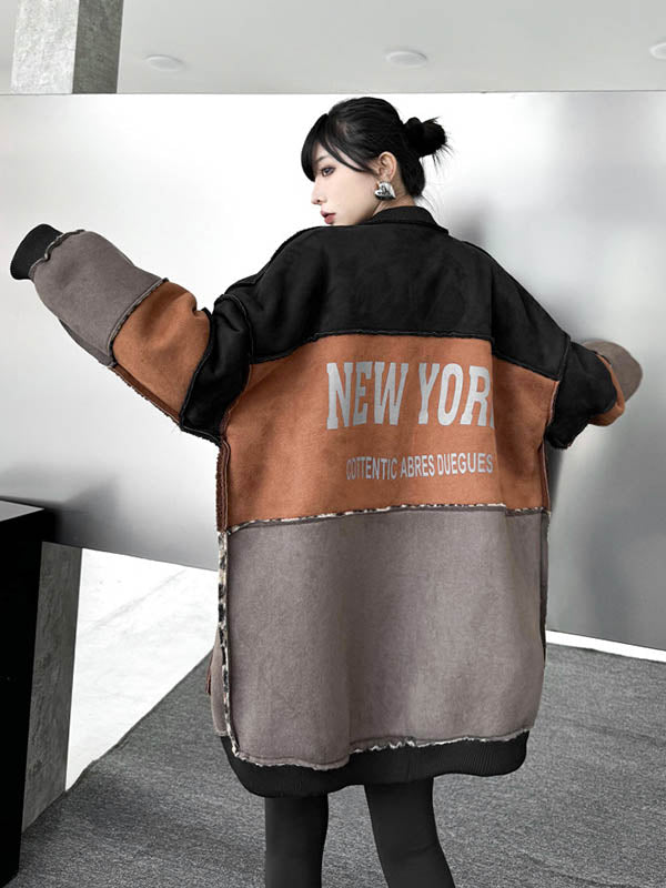 Long Sleeves Loose Buttoned Contrast Color Reversible Split-Joint Round-Neck Cardigan Tops Outerwear