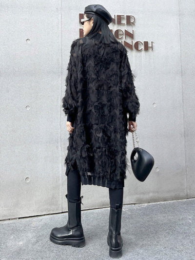 Irregularity Long Sleeves Asymmetric Mesh Pockets See-Through Solid Color Split-Joint Tasseled Stand Collar Midi Dresses