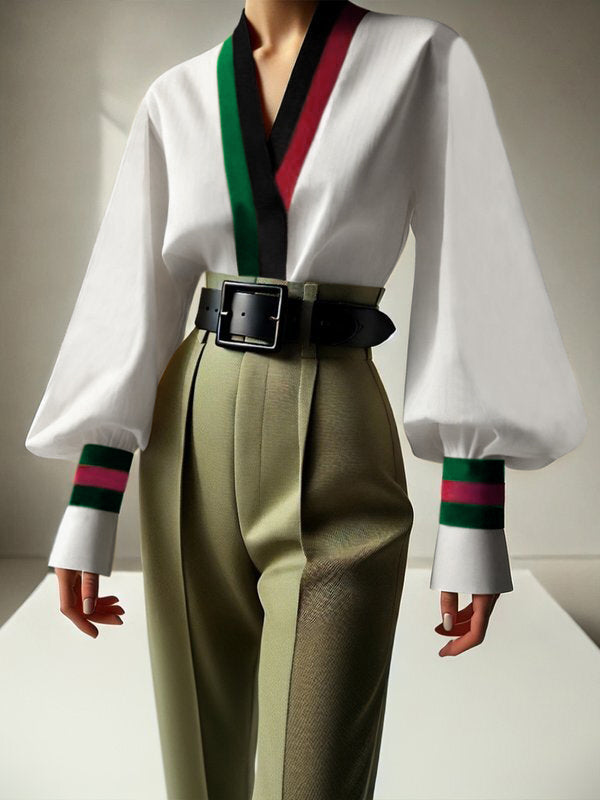 Long Sleeves Loose Contrast Color Pleated V-Neck Blouses&Shirts Tops