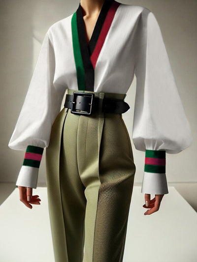 Long Sleeves Loose Contrast Color Pleated V-Neck Blouses&Shirts Tops