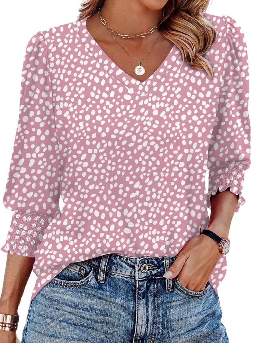 Long Sleeves Loose Contrast Color Pleated Printed Split-Joint V-Neck T-Shirts Tops