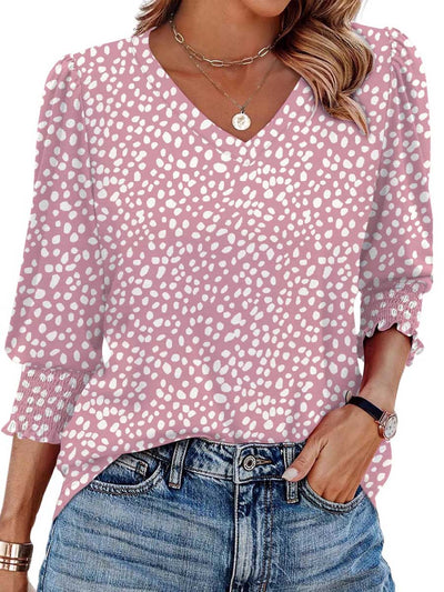 Long Sleeves Loose Contrast Color Pleated Printed Split-Joint V-Neck T-Shirts Tops