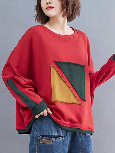 Artistic Retro Loose Triangle Applique Contrast Color Round-Neck Long Raglan Sleeves Sweatshirt