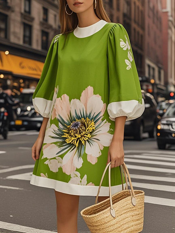 A-Line Loose Flower Print Pleated Round-Neck Mini Dresses