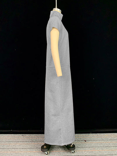 Loose Short Sleeves Solid Color Split-Joint High Neck Maxi Dresses