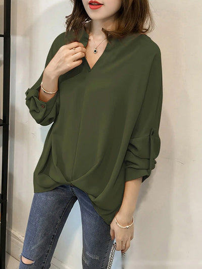 Casual Long Sleeves Loose Solid Color V-Neck Blouses&Shirts Tops