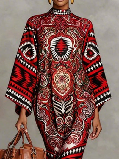 Flared Sleeves Long Sleeves Contrast Color Flower Print Geometric Split-Joint Round-Neck Midi Dresses