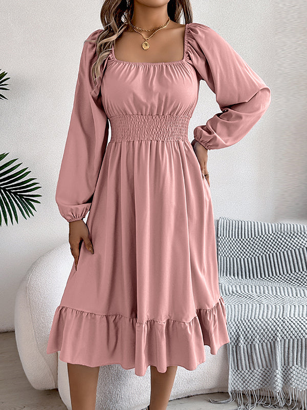 A-Line Elasticated Waist Pleated Ruffled Solid Color Square-Neck Midi Dresses