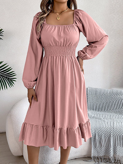 A-Line Elasticated Waist Pleated Ruffled Solid Color Square-Neck Midi Dresses