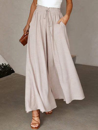 High Waisted Loose Drawstring Elasticity Pleated Pockets Solid Color Pants Trousers