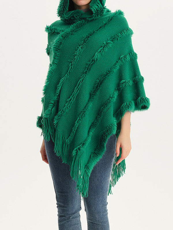 Hooded Keep Warm Solid Color Tasseled Cape Shawl&Cloak