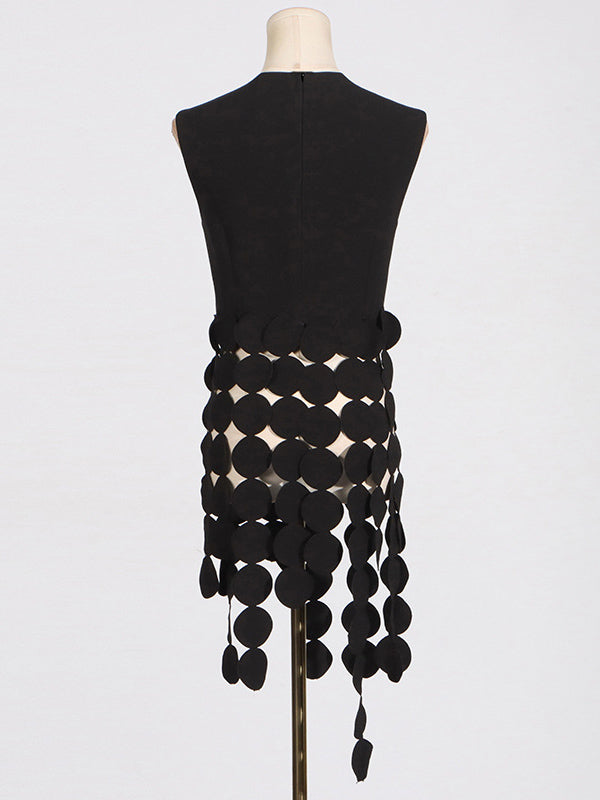 Sleeveless Polka-Dot Solid Color Split-Joint Tasseled Round-Neck Vest Top