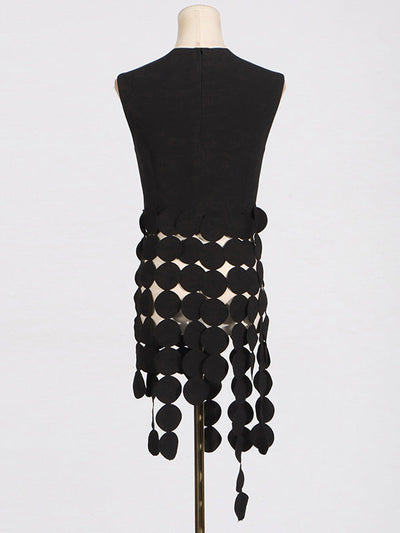 Sleeveless Polka-Dot Solid Color Split-Joint Tasseled Round-Neck Vest Top