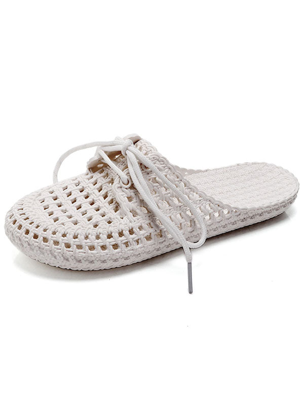 Hollow Lace-Up Round-Toe Mules&Slides Slippers