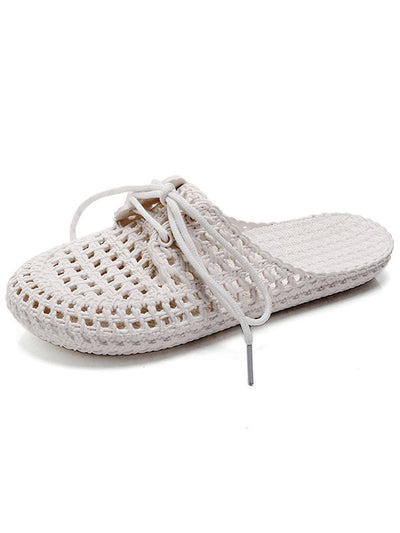 Hollow Lace-Up Round-Toe Mules&Slides Slippers