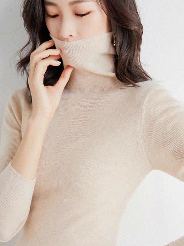 Simple Skinny Long Sleeves Solid Color High-Neck Sweater Tops Pullovers