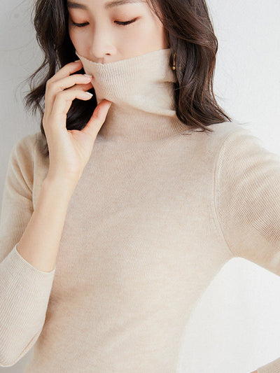 Simple Skinny Long Sleeves Solid Color High-Neck Sweater Tops Pullovers