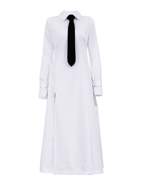 A-Line Flared Sleeves Buttoned Solid Color Split-Joint Split-Side Lapel Maxi Dresses Shirt Dress