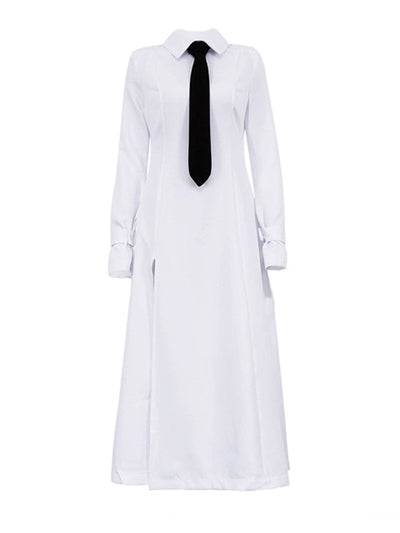 A-Line Flared Sleeves Buttoned Solid Color Split-Joint Split-Side Lapel Maxi Dresses Shirt Dress