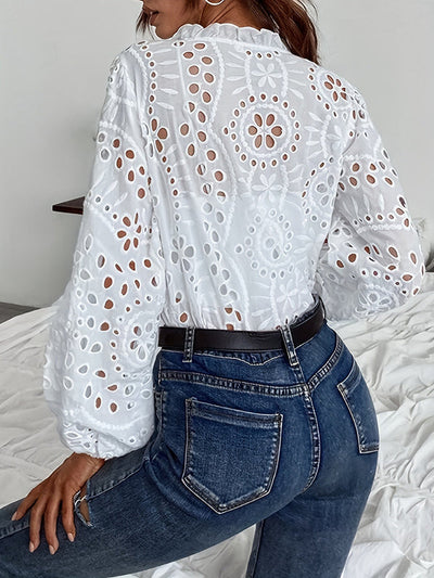 Irregularity Long Sleeves Buttoned Flower Shape Hollow See-Through Single-Breasted Solid Color Split-Joint V-Neck Blouses&Shirts Tops