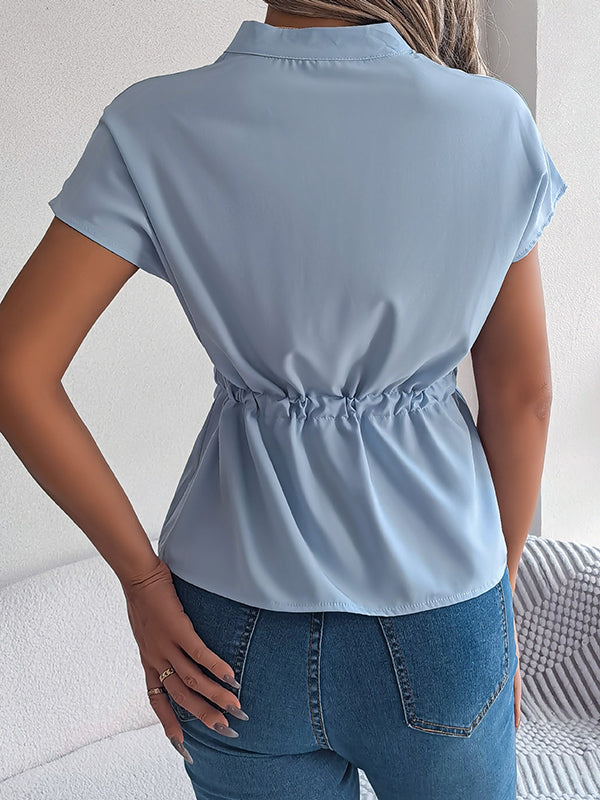 Short Sleeves Buttoned Comfort Solid Color Tied Waist Stand Collar Blouses&Shirts Tops