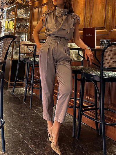 Loose Sleeveless Buckle Solid Color Stand Collar Blouses&Shirts Tops