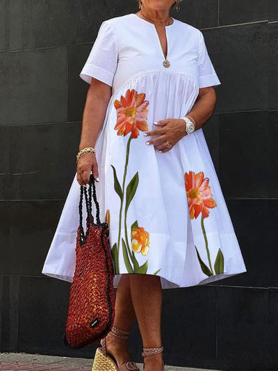 A-Line High Waisted Flower Print Pleated V-Neck Midi Dresses