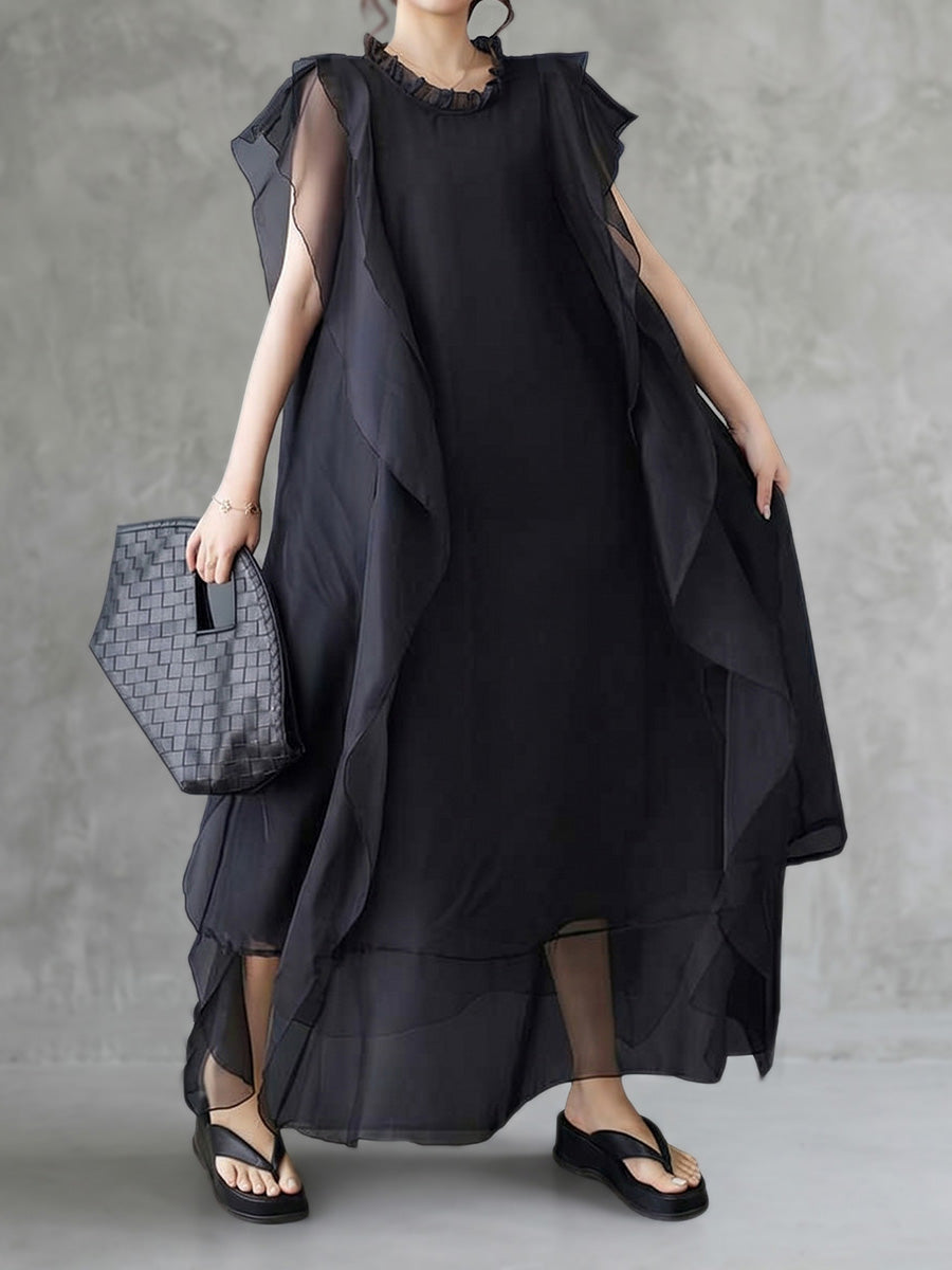 A-Line Ruffle Sleeves Pleated Solid Color Split-Joint Round-Neck Midi Dresses