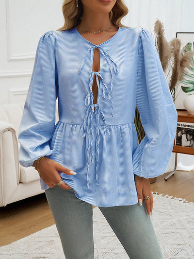 Long Sleeves Loose Elasticity Pleated Striped Tied Round-Neck Blouses&Shirts Tops