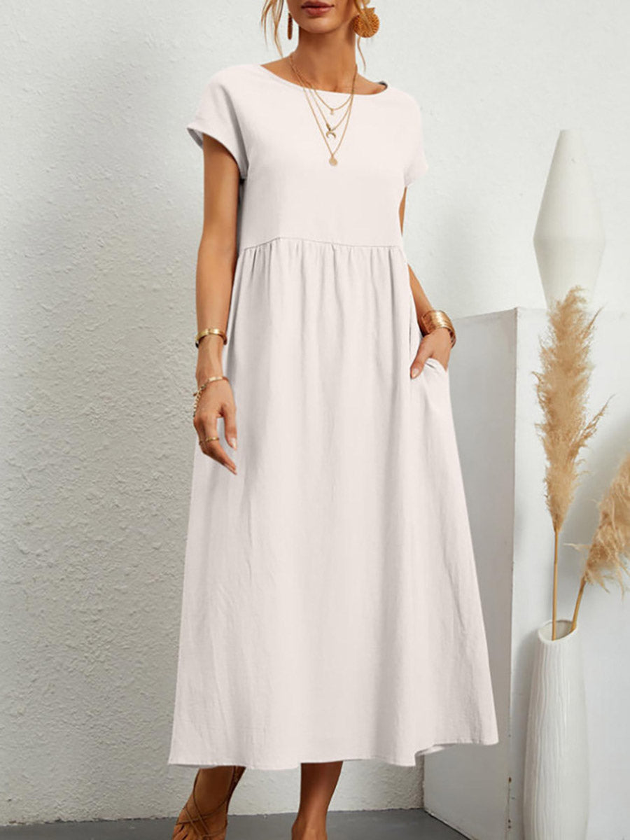 A-Line Plus Size Pleated Pockets Solid Color Round-Neck Midi Dresses