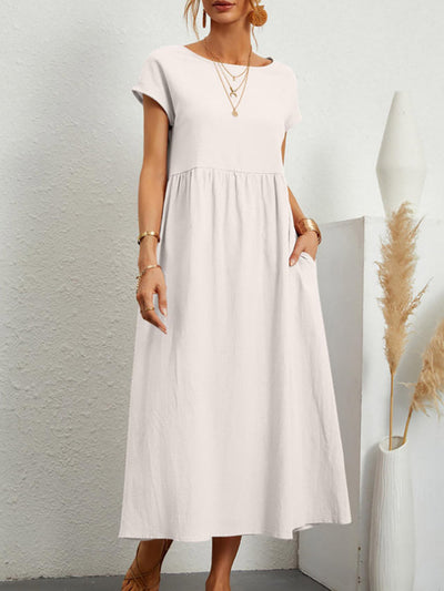 A-Line Plus Size Pleated Pockets Solid Color Round-Neck Midi Dresses