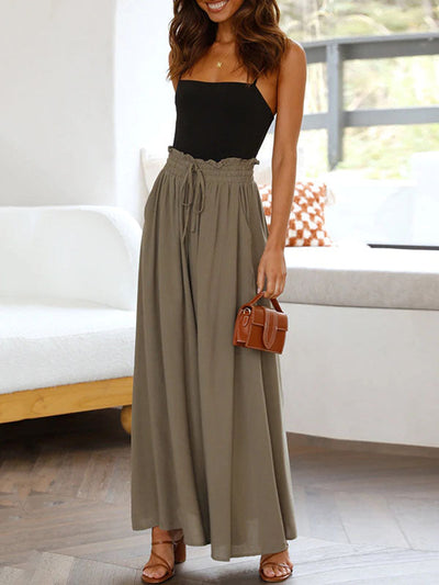 High Waisted Loose Drawstring Elasticity Pockets Solid Color Pants Trousers