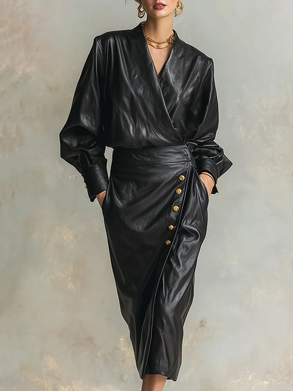 Long Sleeves Puff Sleeves Buttoned Pleated Solid Color V-Neck Midi Dresses