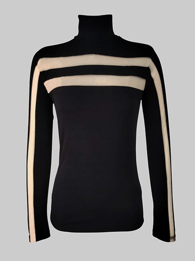 Long Sleeves Skinny Mesh Solid Color Split-Joint High Neck T-Shirts Tops