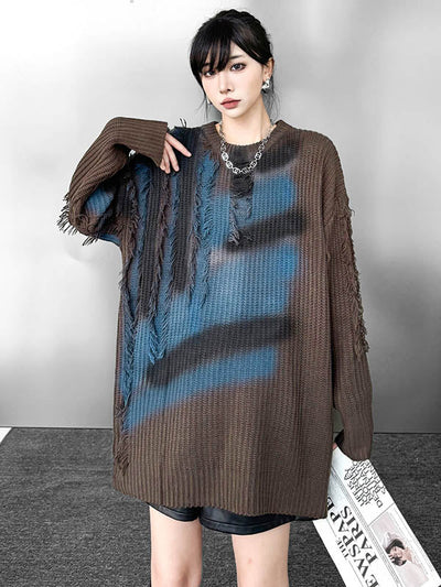 Irregularity Long Sleeves Abstract Printed Asymmetric Contrast Color Split-Joint Tasseled Round-Neck Sweater Tops
