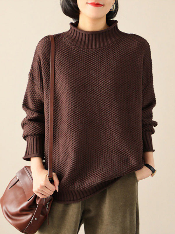 Casual Loose Long Sleeves Solid Color High-Neck Sweater Tops