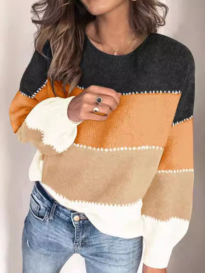 Long Sleeves Loose Contrast Color Split-Joint Striped Round-Neck Pullovers Sweater Tops
