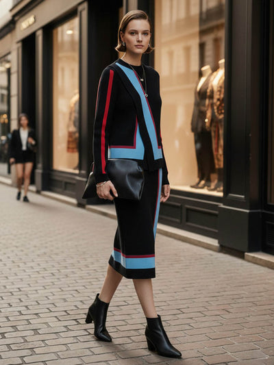 Irregularity Long Sleeves Abstract Printed Asymmetric Contrast Color Ribs Split-Joint Round-Neck Sweater Tops