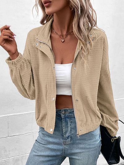 Long Sleeves Loose Buttoned Solid Color Zipper Lapel Jackets