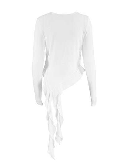 Long Sleeves Skinny Pleated Solid Color Round-Neck T-Shirts Tops