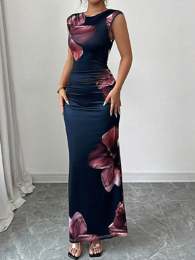 Bodycon Sleeveless Contrast Color Flower Print Round-Neck Maxi Dresses