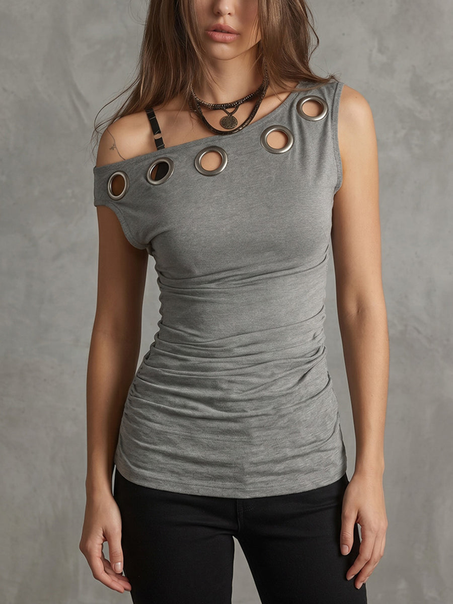 Sleeveless Asymmetric Hollow Pleated Solid Color One-shoulder T-Shirts Tops